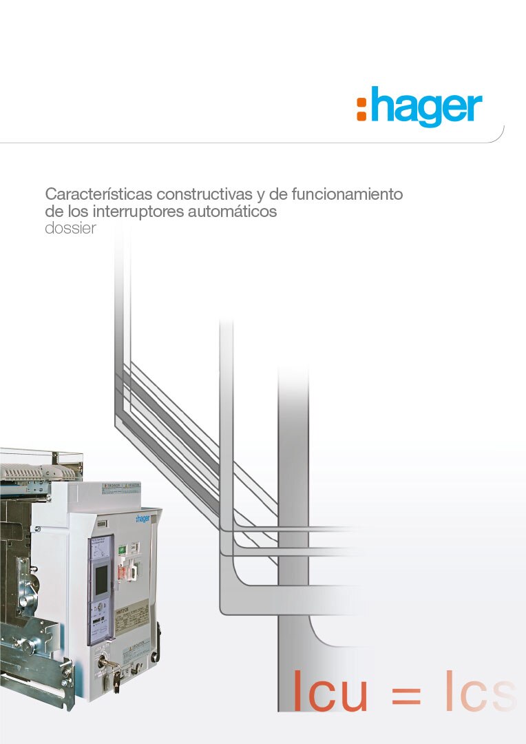 Material promocional de la marca Hager mostrando un interruptor automático con características constructivas y funcionales