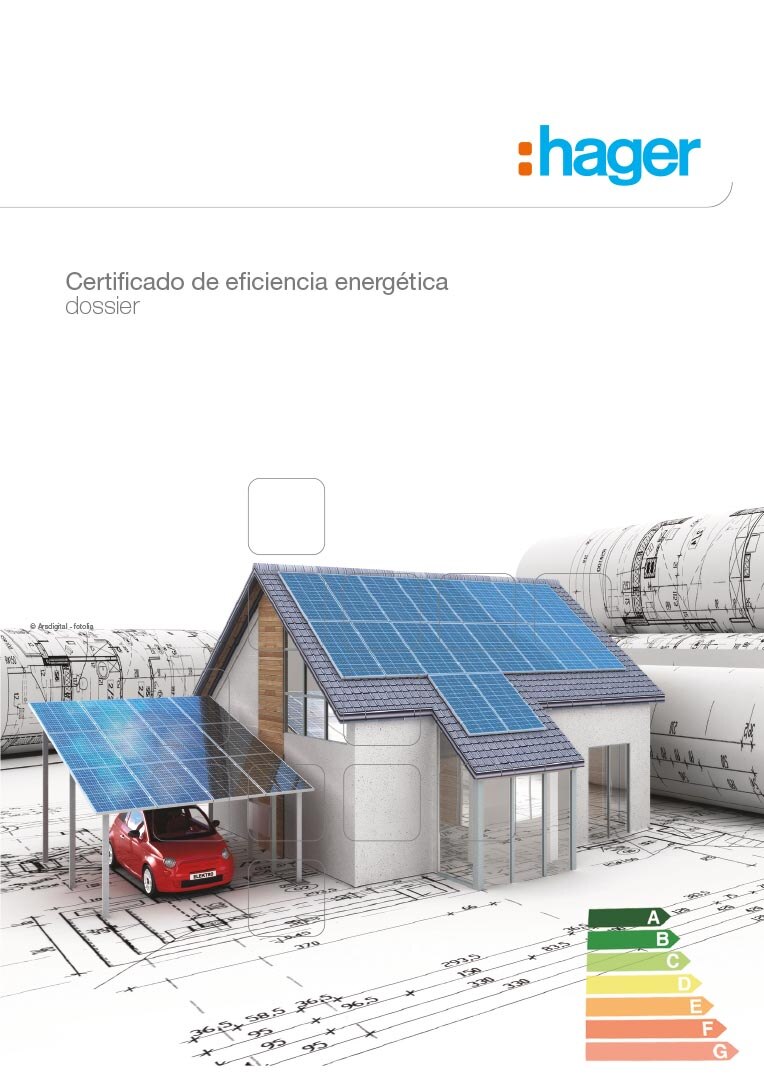 Dossier de certificado de eficiencia energética de Hager con ilustración de casa equipada con paneles solares sobre planos arquitectónicos