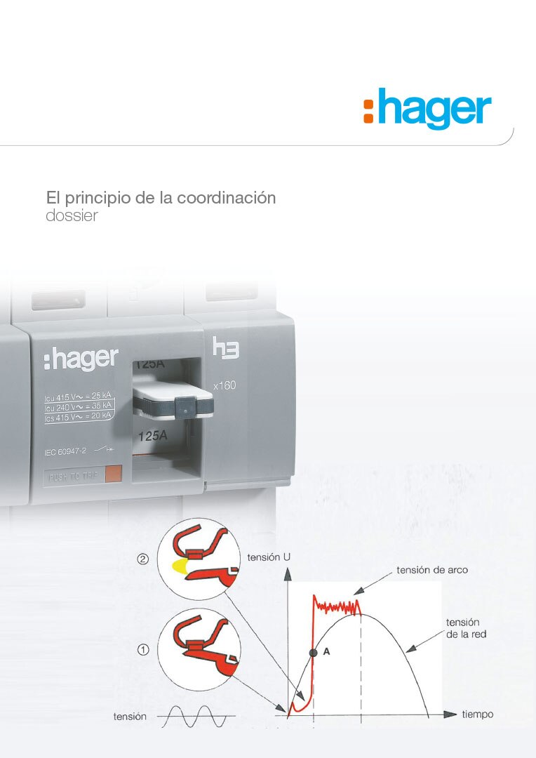 Interruptor automático Hager con diagrama del principio de coordinación selectiva y gráfico de tensión de arco