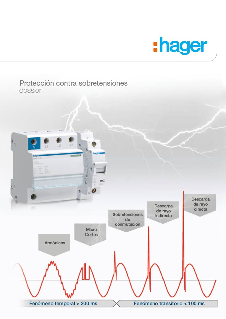 Dispositivo de protección contra sobretensiones de Hager con gráficos de picos de voltaje y fondo de rayos para la seguridad eléctrica