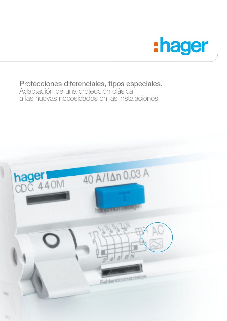 Primer plano de interruptor diferencial Hager con referencia de producto y especificaciones