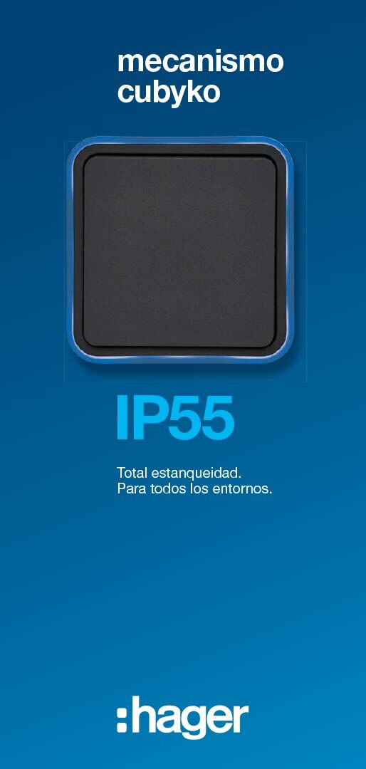 Mecanismo Hager cubyko, interruptor cuadrado negro IP55 impermeable sobre fondo azul