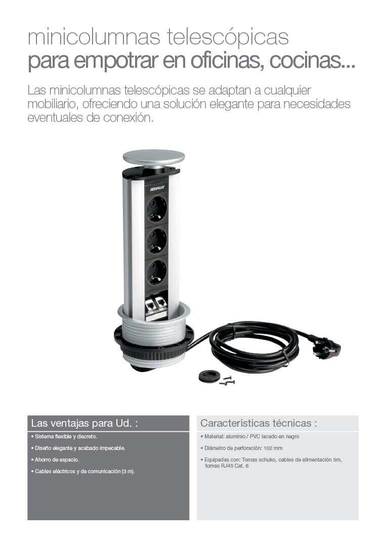 Minicolumnas telescópicas para empotrar en oficinas y cocinas con tomas de corriente y puertos de red RJ45, incluyendo cable eléctrico