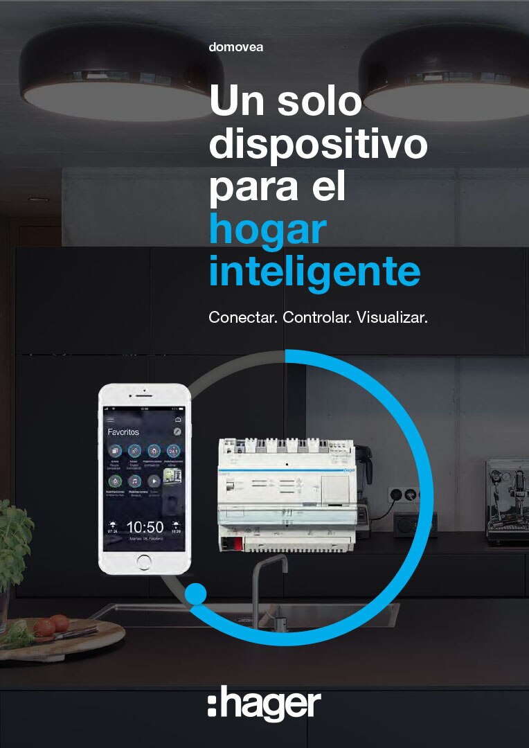 Anuncio de sistema domótico Hager con smartphone y panel eléctrico