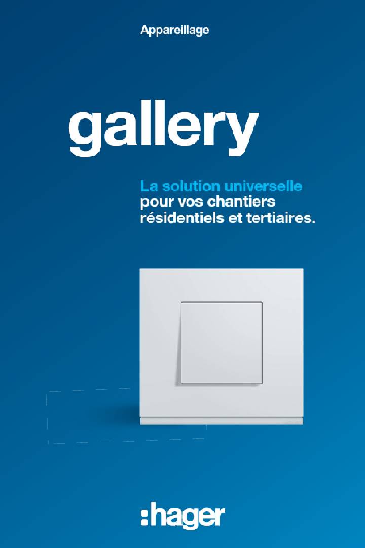 Publicité d'interrupteur Hager gallery avec un interrupteur simple sur fond bleu pour des solutions de bâtiments résidentiels et tertiaires