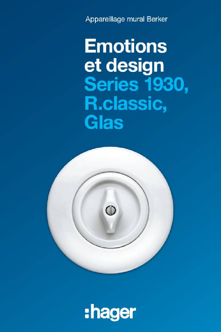 Variateur rotatif blanc Hager de la série Berker 1930, R.classic, Glas sur fond bleu