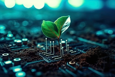 Cette image illustre une fusion symbolique entre nature et technologie. Au centre, on voit une plante verte fraîche poussant sur un circuit imprimé, la terre entourant ses composants. La plante semble littéralement sortir du circuit, sa tige faisant office de connexion électronique.
