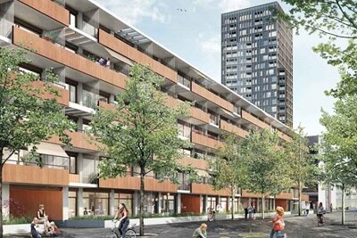 Quartier résidentiel urbain moderne avec des immeubles d'appartements, des personnes et de la verdure