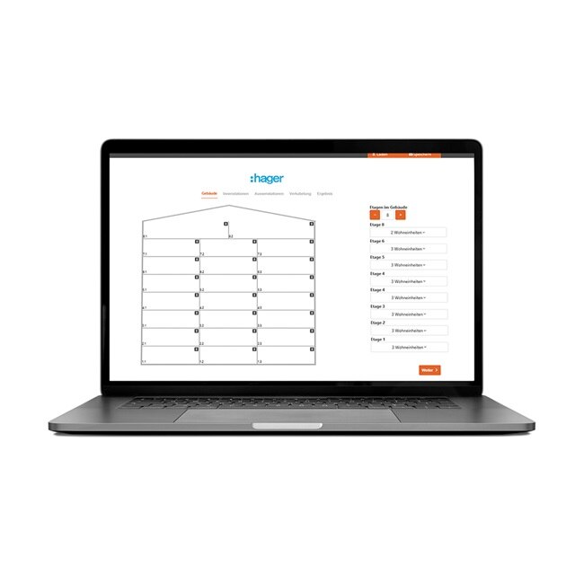 Ordinateur portable affichant l'interface du logiciel de planification de distribution électrique Hager