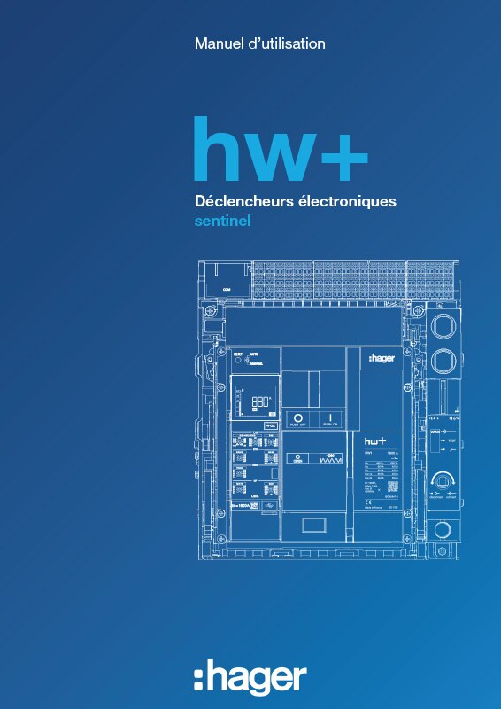 Couverture d'un manuel d'utilisation Hager présentant le schéma des déclencheurs électroniques hw+