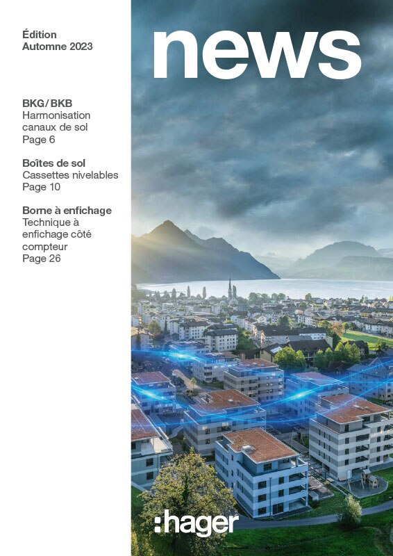 Couverture du magazine Hager news édition Automne 2023 avec quartier résidentiel et mises en évidence électriques