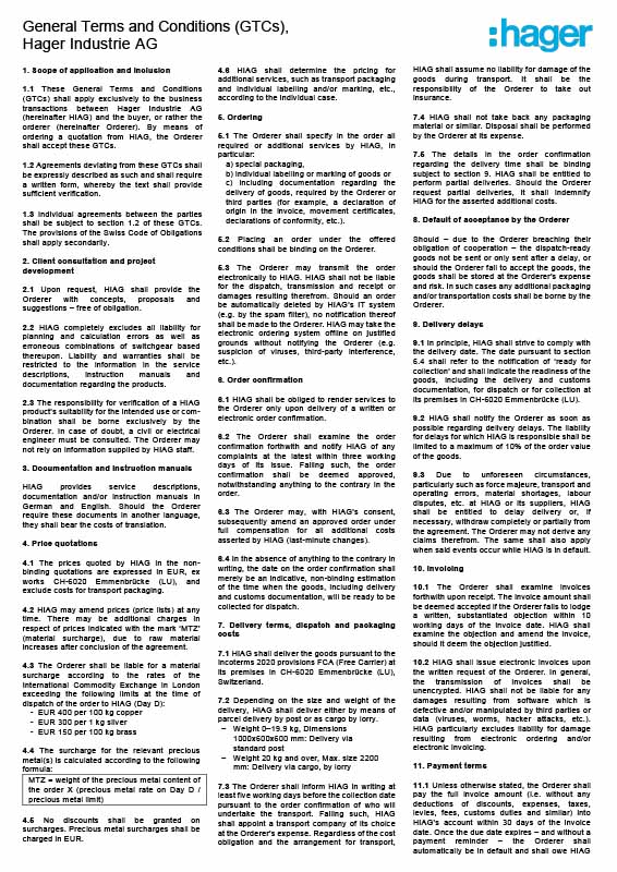 Document texte présentant les Conditions Générales de Vente (CGV) de Hager Industrie AG avec logo en tête