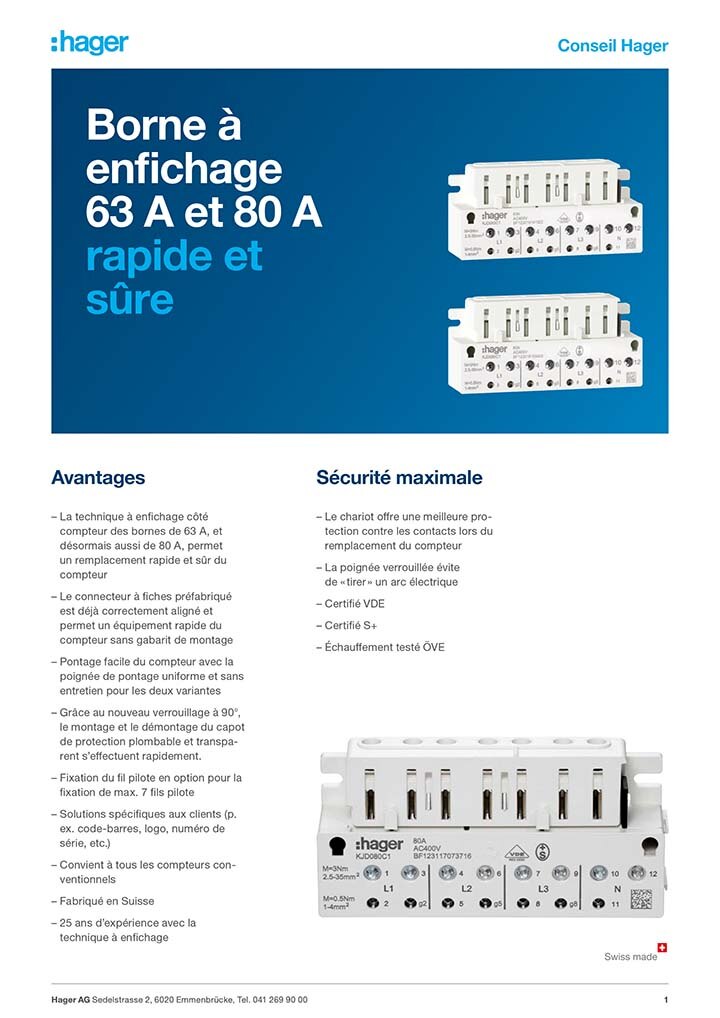 Bornes à enfichage rapide et sûr Hager 63A et 80A pour installations électriques, avec détails et avantages des produits énumérés