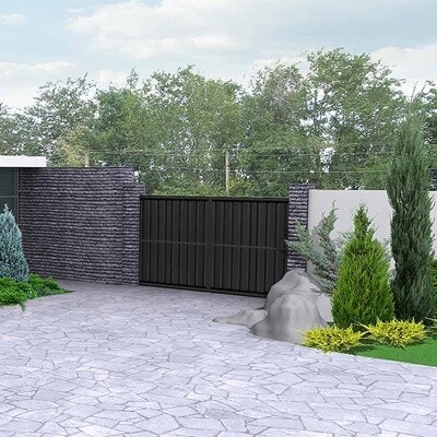 porte de garage en bois avec sol en pierre