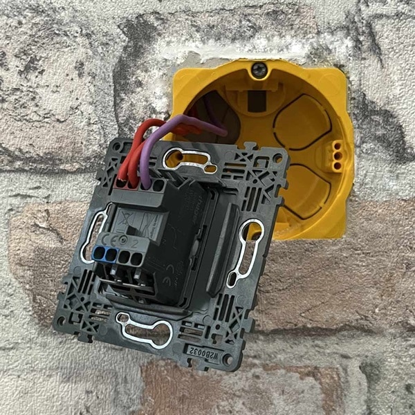 Raccordez les fils de phase (rouge ou marron) sur les bornes L de l'interrupteur et le fil de retour (violet) sur la borne 1.