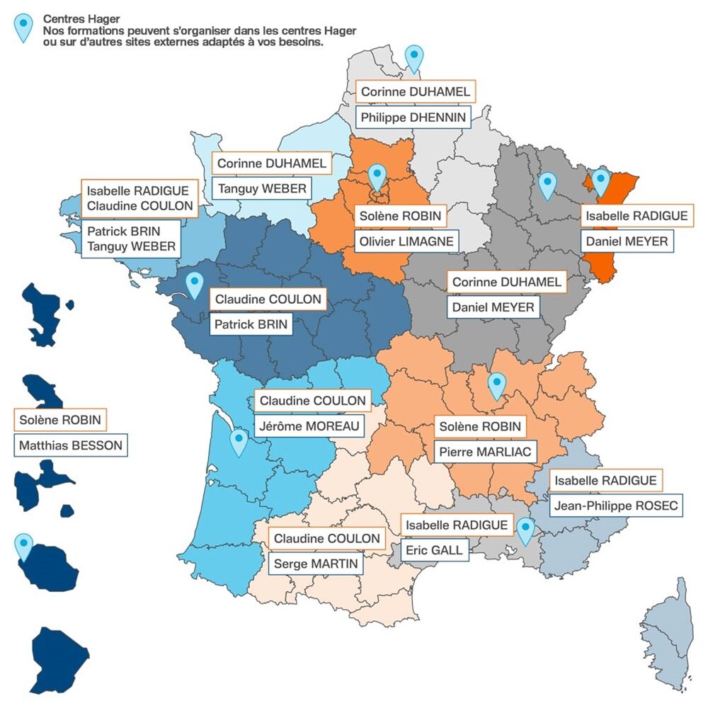Carte des centres Hager et des contacts pour la formation professionnelle en électricité