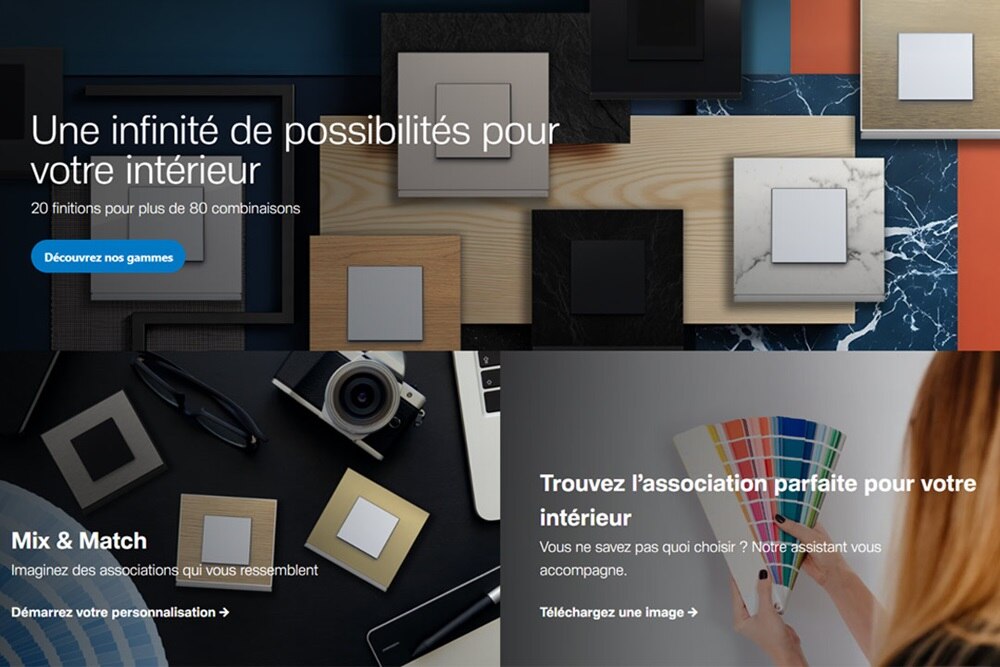 Configuration personnalisée, différentes associations de finitions, couleurs et matières afin de valider les interrupteurs et prises qui correspondent le mieux au projet des clients