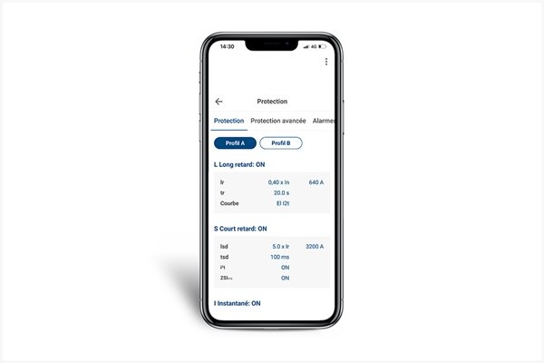 Visualisation des réglages de protection dans l'app Hager Power touch