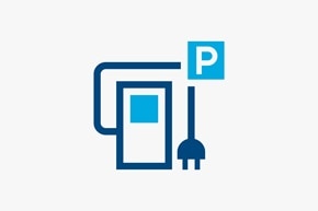 pictogramme Hager représentant un parking avec des bornes de recharge
