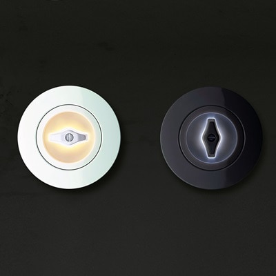 interrupteurs rotatifs lumineux blanc et noir 1930 Hager sur un mur couleur ardoise