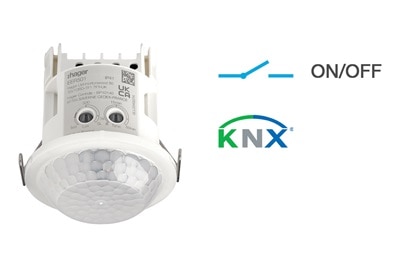 Infographie détecteurs mini 10 mètres de Hager. Discrétion maximale, détection mouvement et présence, pose encastrée, technologies : on/off ou KNX