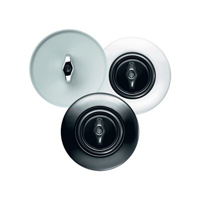 Interrupteurs 1930 de Hager, 3 finitions, porcelaine de Rosenthal™, verre fumé et Duroplast, en nuit (noir) et blanc (alba)