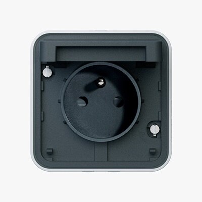 Appareillage mural étanche cubyko leaf de Hager, prise 2P+T, IP55, complet saillie WNC100EC gris