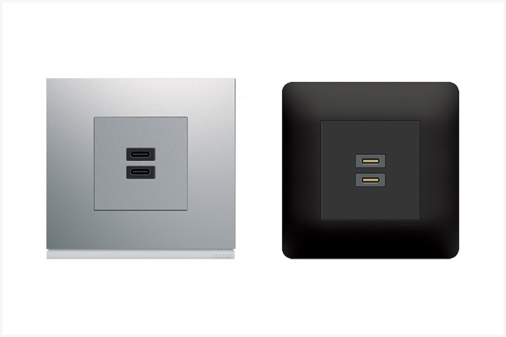 appareillage mural gallery de Hager, chargeur USB-C + C, finition titane et essensya, finition anthracite