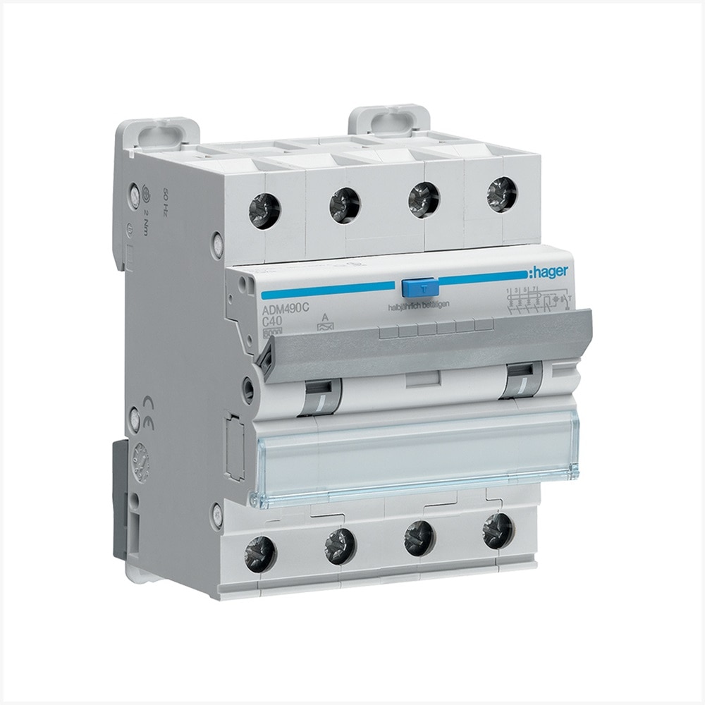 Disjoncteur différentiel 4PP (4 pôles protégés) 6 et 10 kA., 4 modules, réf. ADM490C de Hager. Il permet de protéger les installations 3P+N en schéma TT et TNS.