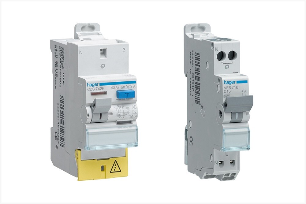 Protections modulaires pour le résidentiel : Interrupteur différentiel CDS742F et disjoncteur bipolaire MFS716 de Hager