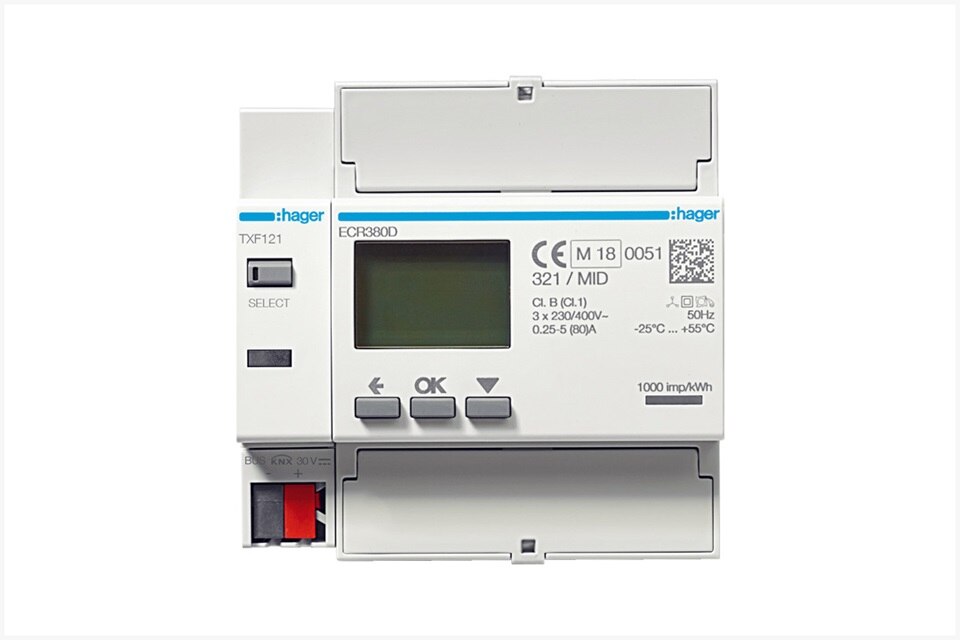 Interface de communication KNX TXF121 de Hager avec compteur d'énergie ECR380D