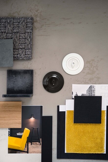 Moodboard appareillage mural 1930 de Hager, béton, jaune moutarde interrupteurs noir et blanc, matières brutes