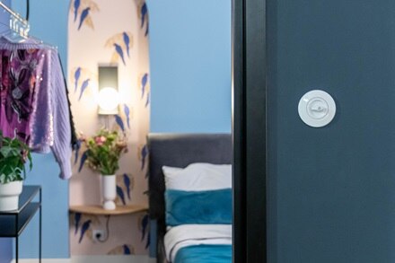 appareillage mural 1930 de Hager, plaque et interrupteur porcelaine de Rosenthal alba dans couloir aux murs bleus