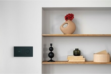 Interrupteur à voyant night et thermostat night sur plaque double night  gallery de Hager dans un salon