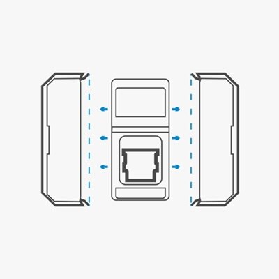 Infographie montrant les ailettes sécables de mécanismes gallery de Hager permettant d'installer un second mécanisme dans un encombrement identique