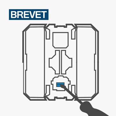 Infographie montrant le mécanisme breveté interBP Duo de Hager permettant de passer d'un bouton-poussoir à un va-et-vient d'un seul coup de tournevis