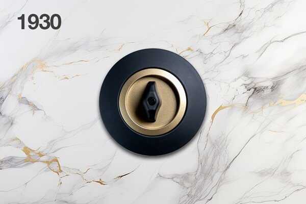 Interrupteur 1930 personnalisé par Manufaktur by Hager Exclusive, plaque et bouton noir, enjoliveur doré mat tout en matière matière soft touch matte