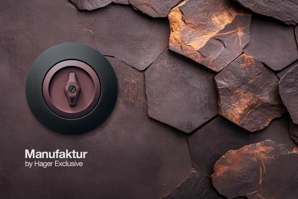 Interrupteur 1930 personnalisé par Manufaktur by Hager Exclusive, plaque noire, enjoliveur et bouton couleur lie de vin tout en matière matière soft touch matte