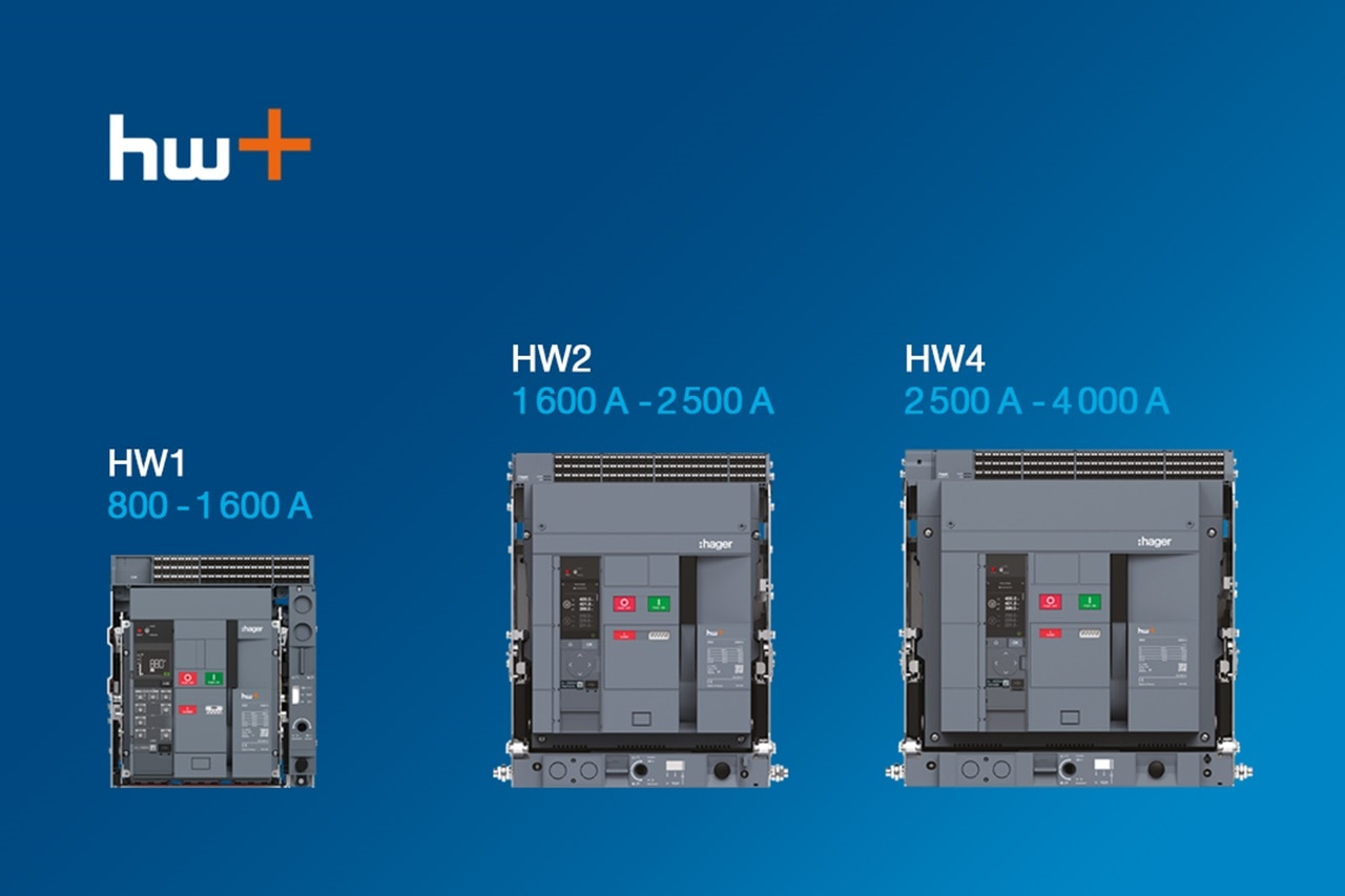 Vue de face des 3 tailles d'ACB hw+ de Hager :  HW1 de 800 à 1600 A, HW2 de1600 à 2500 A, HW4 de 2500 à 4000 A