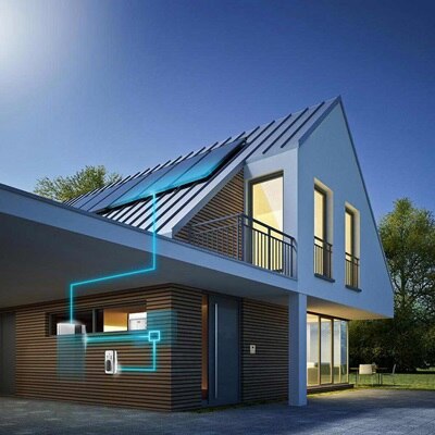 Schéma de fonctionnement du gestionnaire flow qui régule la production d'électricité via les panneaux solaires vers la maison et la borne de recharge witty solar de Hager