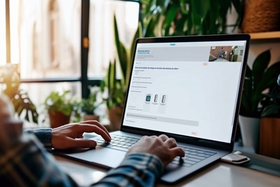 Homme utilisant le configurateur Witty, l'interface d'aide au choix des bornes witty de Hager sur un PC portable