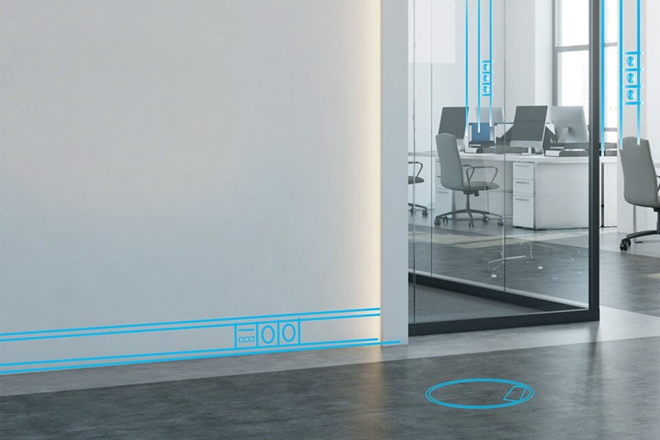 cheminement de câbles, espaces de travail, bureaux, goulottes, colonnes, électricité, bâtiments tertiaires, hager