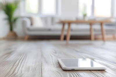 smartphone posé sur le parquet d'une habitation connectée