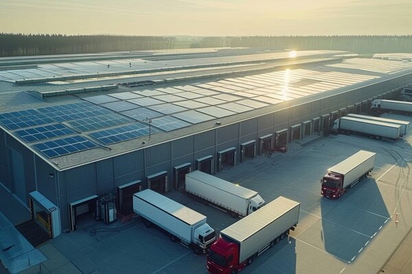 Camions stationnés devant plateforme logistique équipée de panneaux photovoltaïques