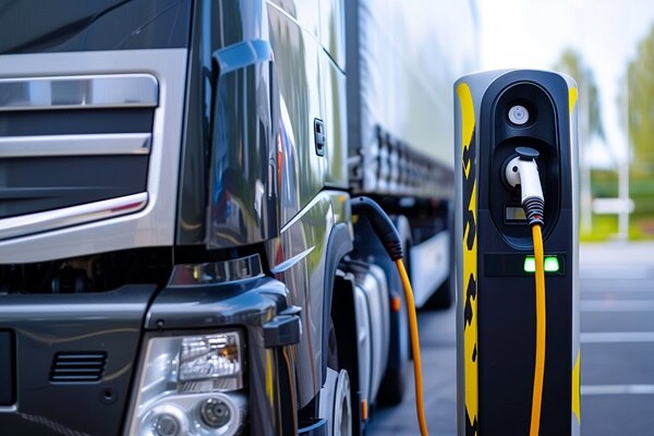 Camion en cours de recharge sur une borne électrique