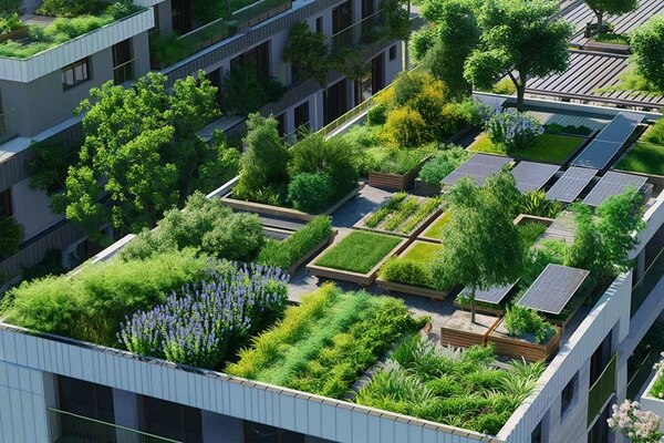 Immeubles avec toiture végétalisée et panneaux photovoltaïques