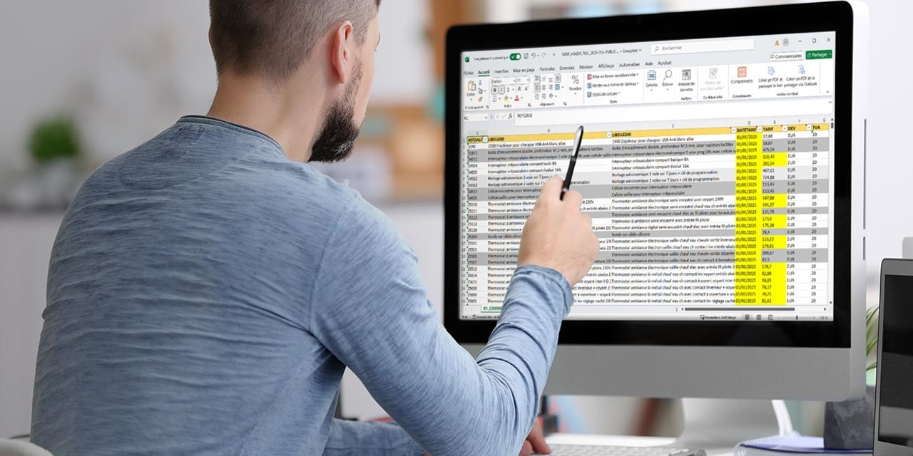 Installateur électricien devant le tarif public Hager sur son ordinateur