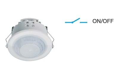 Infographie détecteurs basiques 6 mètres de Hager. Optimisation des coûts, détection mouvement et présence, pose encastrée ou saillie, technologie : on/off