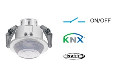 Infographie détecteurs grande surface 20 mètres de Hager. Pour locaux tertiaires, détection mouvement et présence pose encastrée ou saillie, technologies : on/off, KNX ou DALI-2