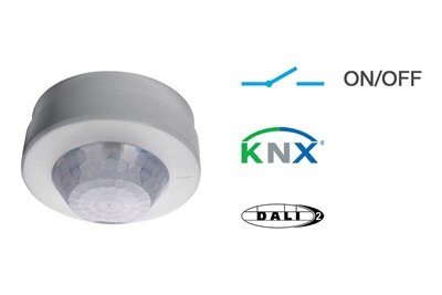 Infographie détecteurs couloir 30 x 5 mètres de Hager. Pour zones de passages, détection mouvement, pose encastrée ou saillie, technologies : on/off, KNX ou DALI-2